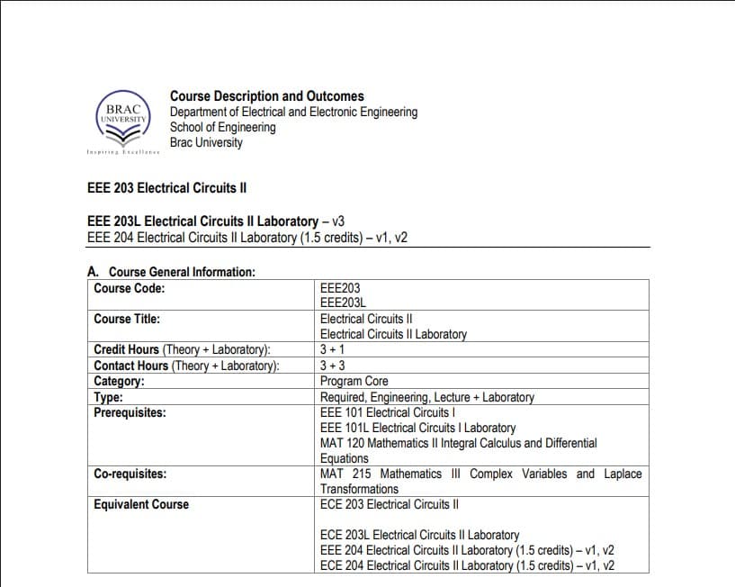 EEE203 | Course Outline | Electrical Circuit II | Dept of EEE | BracU preview 1