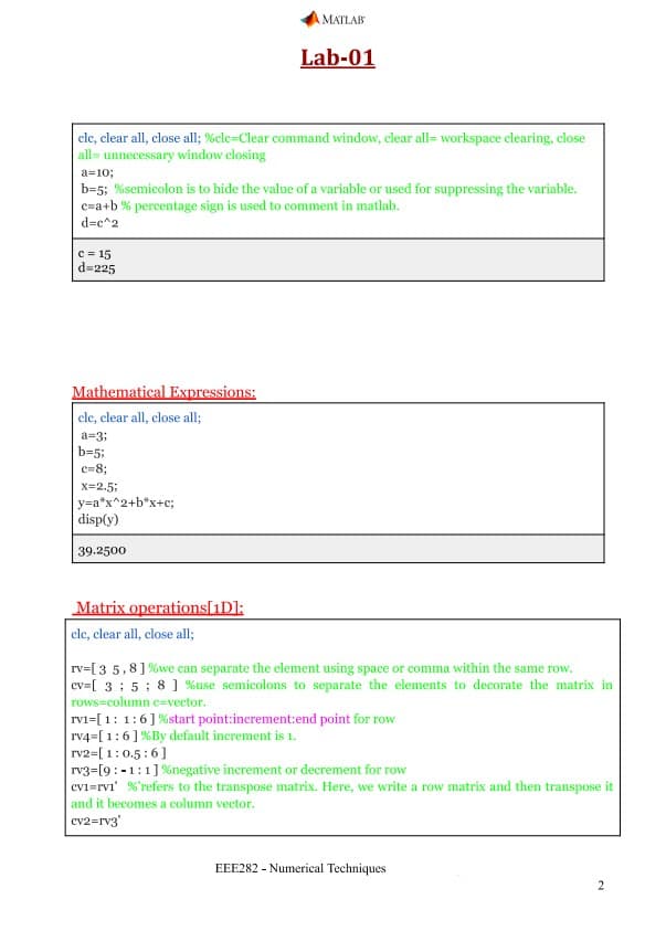 EEE282 | Numerical Technique | Matlab | Lecture Sheet preview 1